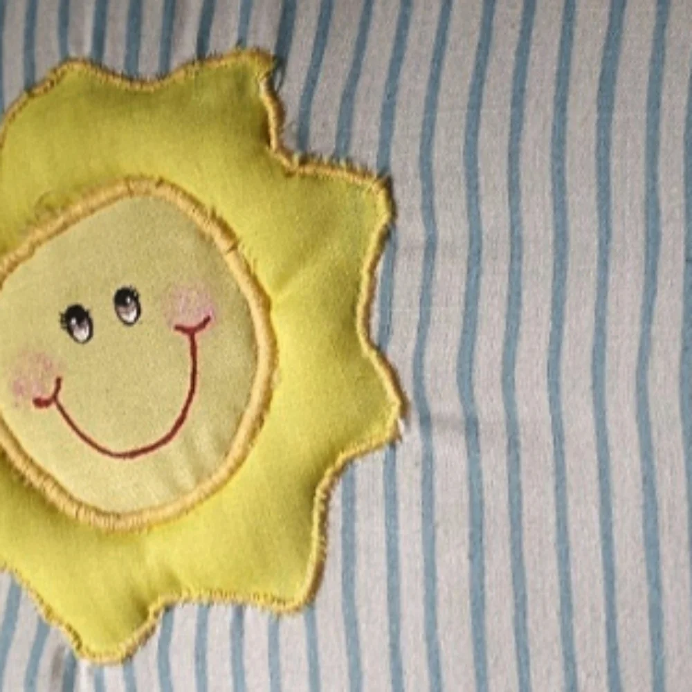 Nursery Pillow Cushion with Fluffy Sheep and Bright Sun appliques  Eyelet trim